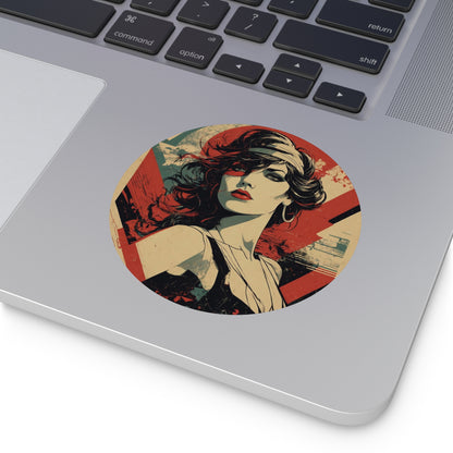 CHIC - Retro Pop Art Woman Round Vinyl Sticker — Vintage Americana Portrait Sticker